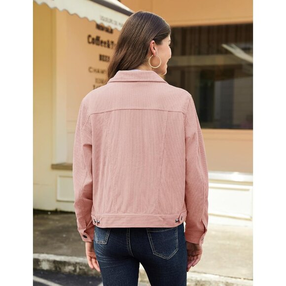 Women Light Pink Corduroy Cropped Shacket Button Down Long Sleeve Casual Coat - Picture 4 of 6